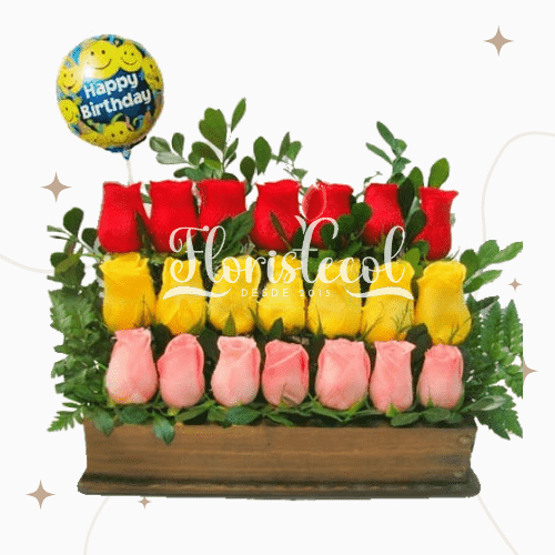 Arreglo Floral con Rosas Rojas, Amarillas y Rosadas